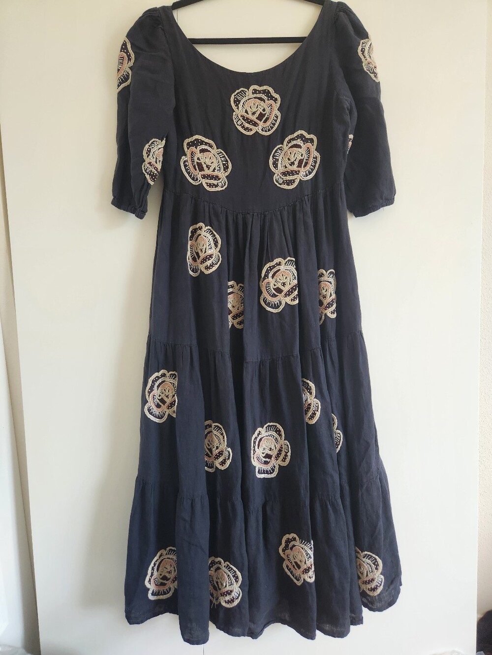 Transcend by Anthropologie Black Embroidered Tiered Midi Dress Boho 3/4 Sleeve S